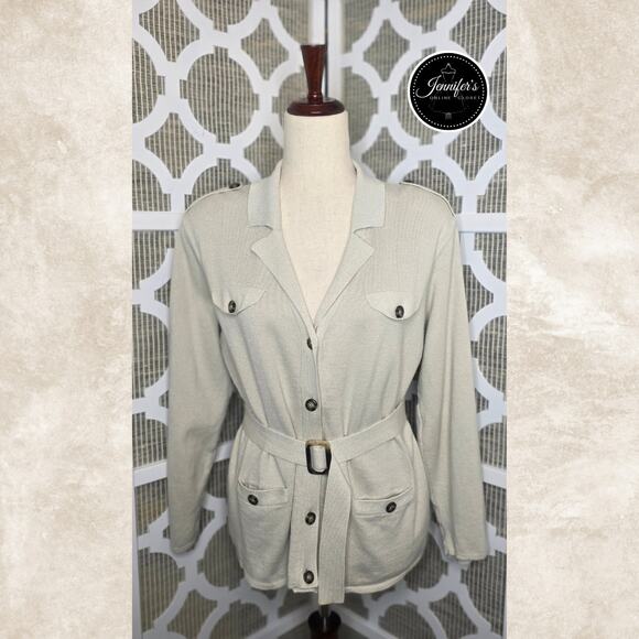 Liz Claiborne Liz Sport Beige Long Sleeve Belted Sweater Jacket Size Large - Picture 1 of 11